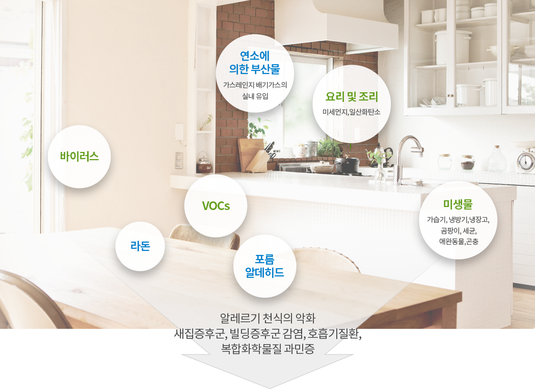 1.연소에 의한 부산물:가스레인지 배기가스의 실내 유입, 2.요리 및 조리:미세먼지,일산화탄소 3.미생물:가습기, 냉방기,냉장고, 곰팡이, 세균,애완동물,곤충 4.바이러스 5.VOCs 6.라돈 7.포름알데히드 = 알레르기 천식의 악화 새집증후군, 빌딩증후군 감염, 호흡기질환,복합화학물질 과민증